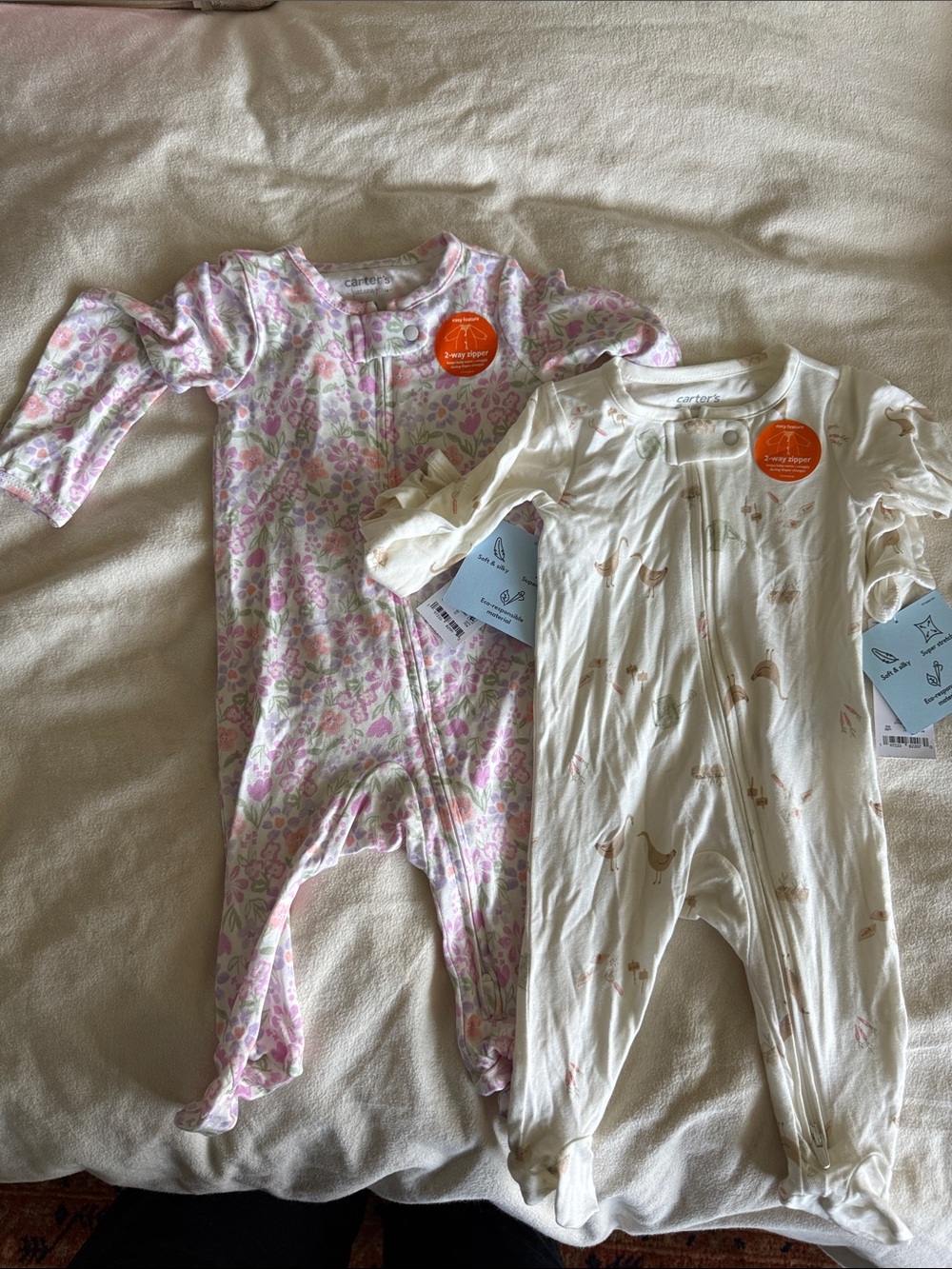 Carter's Baby One-Piece Footies - Pink Floral & Cream Bird Prints (2-Pack)